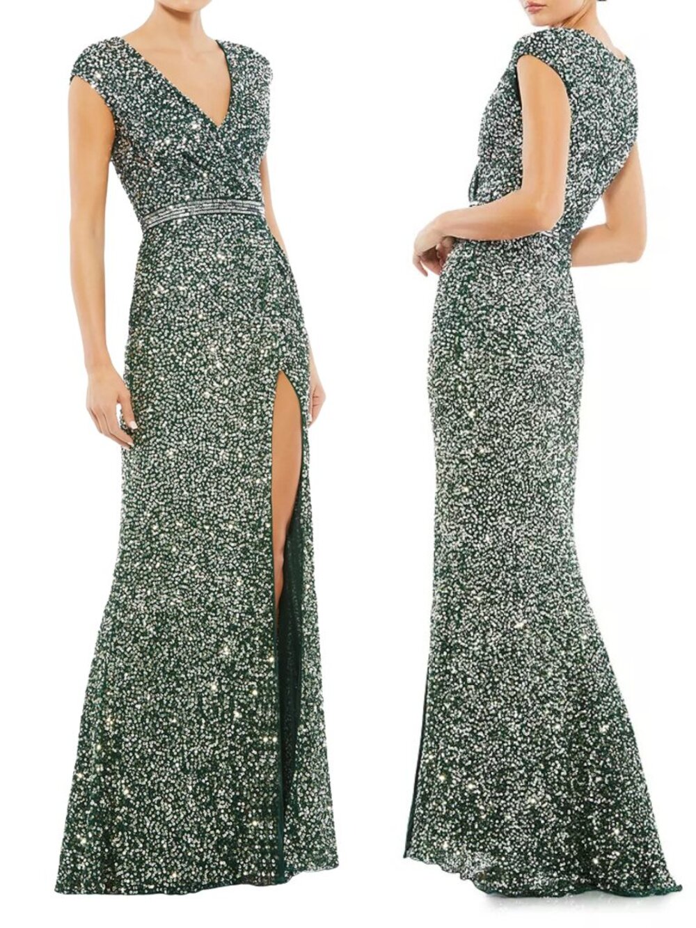 NWT Mac Duggal Cap Sleeve Sequin Gown, Green, Size 6 ($398)
